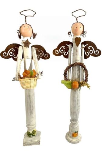 Angel Figurine Wooden Spindle Decor Primitive Style 17" Fall Harvest Pumpkin - Foto 1 di 12