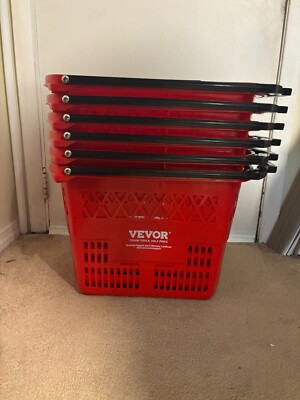 VEVOR Plastic Rolling Shopping Trolley Basket On Wheels 6PCS 39L with Handle Red