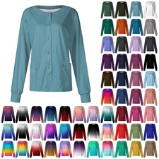 Womens Scrubs Classic Uniform Floral Crewneck Long Sleeve Shirts W/ Pockets