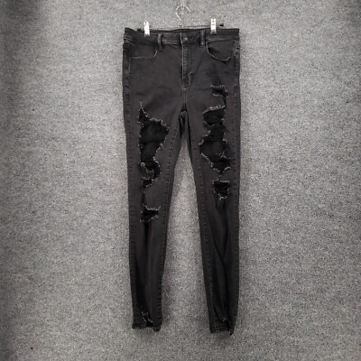 American Eagle Jeans Womens 12 Long Black High Rise Jegging Ripped Stretch Denim