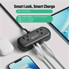 Surge Protector Power Strip 2 Outlets 3 USB 1 USB-C Charging Ports - Black