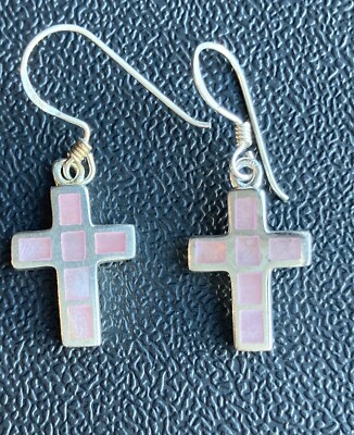 NEW 925 Sterling Silver Pink Shell Inlay Cross Dangle Earrings Religious
