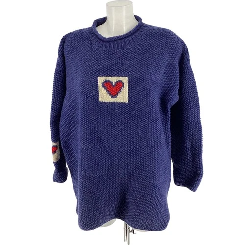 PACHAMAMA XL Heavy Wool Women's Jumper Blue Heart Design Long Sleeve TH3