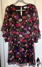 Calvin Klein Black Red Floral Bell Sl Ruffle Chiffon Like Lined Dress 6 Christma
