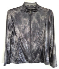 Chicos Blazer Jacket Metallic Silver Snake Print Stretch City Moto sz M / 1