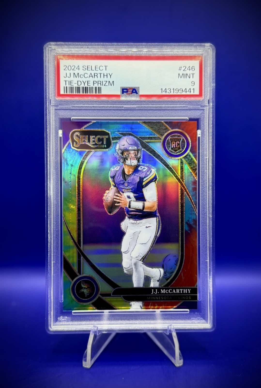 2024 Panini Select JJ McCarthy Club Rookie Tie-Dye Prizm #/25 Vikings PSA 9