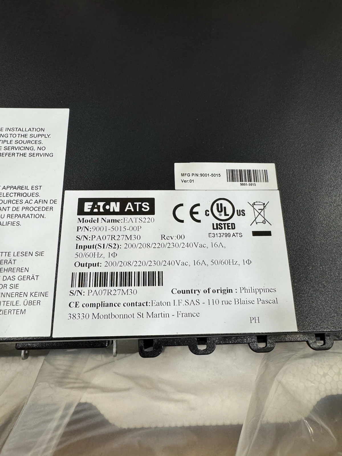 Eaton EATS220 1U Rack ATS 20A 208V 9001-5015-00P Brand New 7
