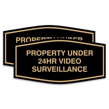 2 Pack Small Fancy Property Under 24Hr Video Surveillance Sign Black/Gold