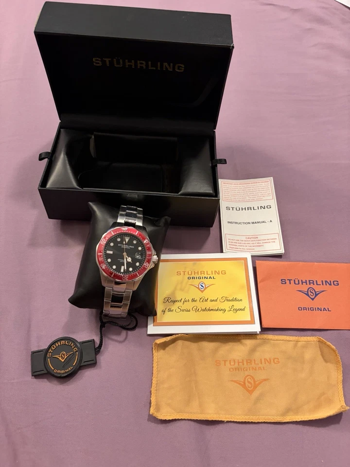 Stührling Original Diver Watch Red Bezel 200M Steel Bracelet – Full Kit New - Image 2 of 4