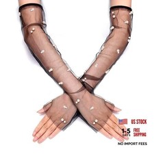 Lace Sheer Gloves with Pearls, Long Bridal Gloves Fingerless for Women Black