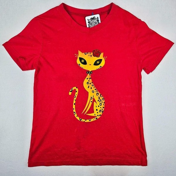 Vintage 2000s Leopard Cat Graphic Red Baby Tee Size Small