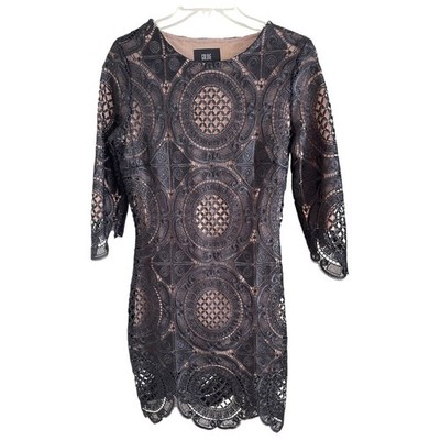 Crochet Medallion Black Lace Skin Tone Lined Two Layer Dress XS Goldie Brand