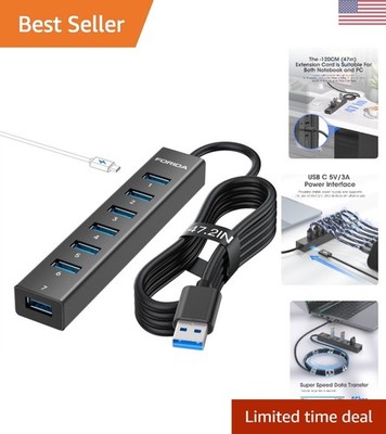 Aluminum 8-Port USB Hub with Fast Charging - 5Gbps Data Transfer, 47in Cable