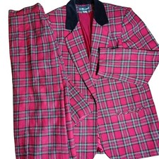 Sag Harbor Red Tartan Plaid Blazer Pant Suit Set Velvet Collar Vintage 12