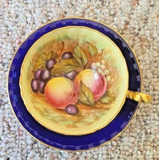 Aynsley Orchard Fruit Gold Tea Cup & Saucer Bone China England - blue and gold