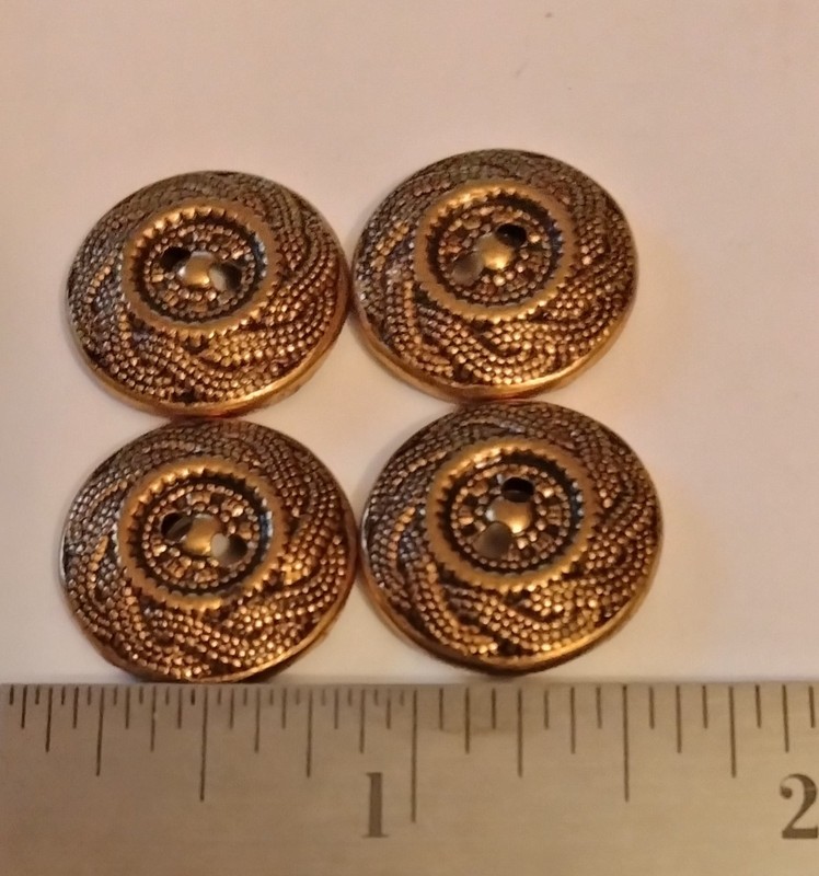 Set of 4 Vintage Gold Tone Plastic Buttons Textured Ornate Round Sewing Craft