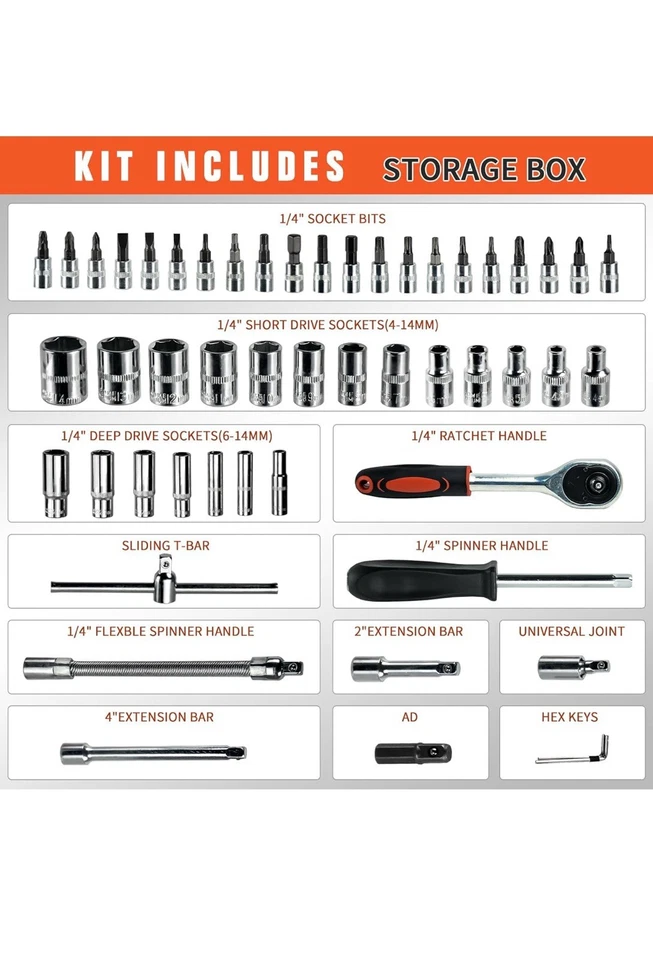 53PCS 1/4" Drive Socket Set Ratchet Wrench Bits Spanner Auto Car Repair Tool Kit - Image 2 of 4