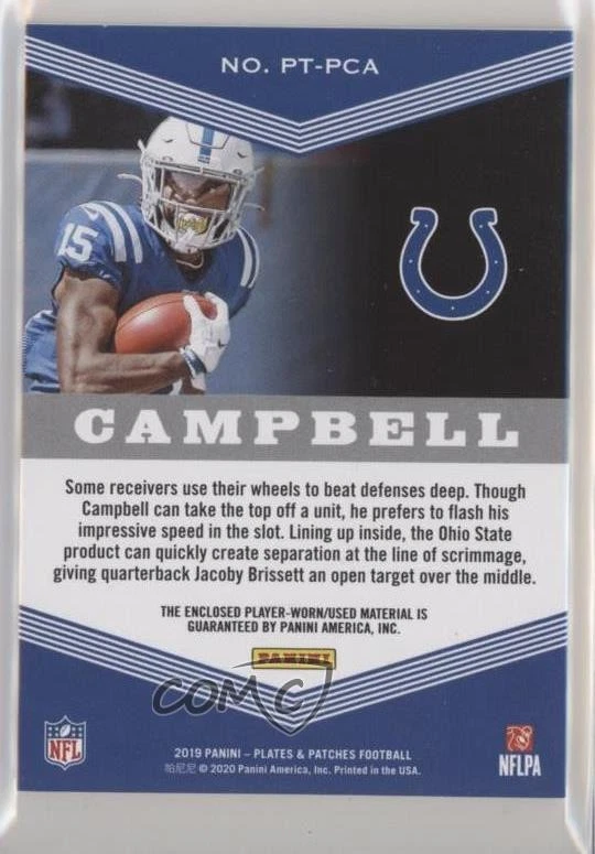 2019 Panini Plates & Patches Trio Blue /50 Parris Campbell Rookie Patch RC - Image 2 of 2