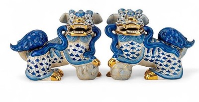 Pair Of Blue, White Porcelain Chinese Foo Dogs. Hand Painted (6.5''H, each)