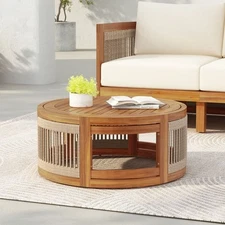 27.95" Outdoor Round Coffee Table, Boho Acacia Wood Tea Table with Slatted Top