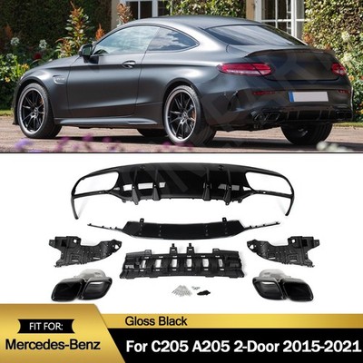 For 2015-2021 BENZ C205 A205 C63 Coupe Gloss Black Rear Diffuser W/ Exhaust Tips