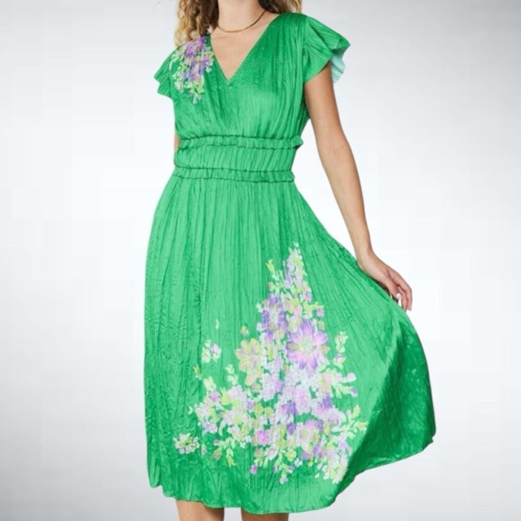 Anthropologie Current Air Floral Print Pleated Midi Dress in Green Size S