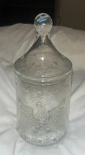 VTG Clear Embossed Glass American Eagle/Stars Lidded Apothecary Candy Jar 10”