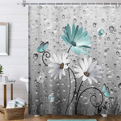 Rustic Farmhouse Teal Floral Shower Curtain, Farm Teal Daisy Flowers and 