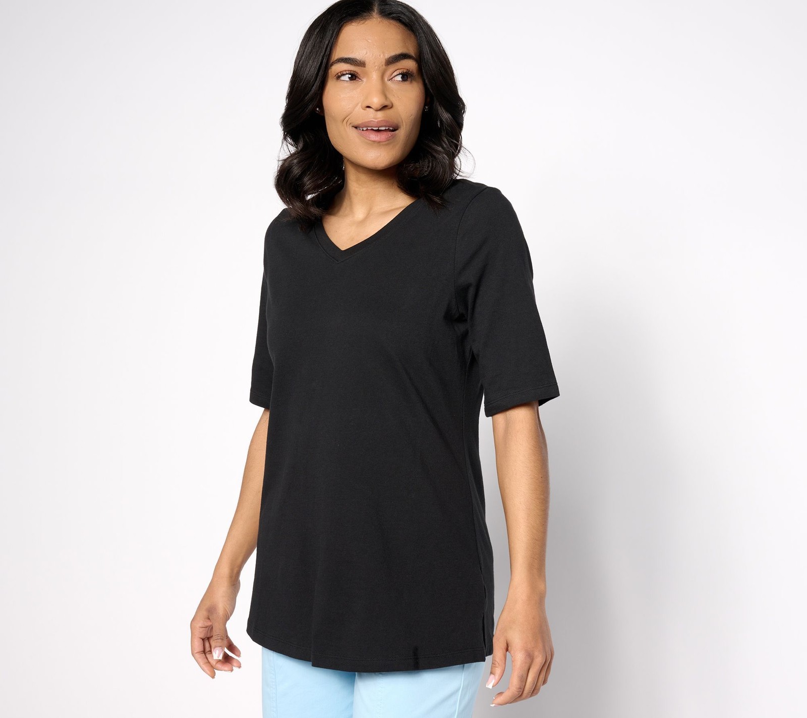 Denim & Co. Women's Top Sz S Essentials True Cotton Jersey V-Neck Black A633277