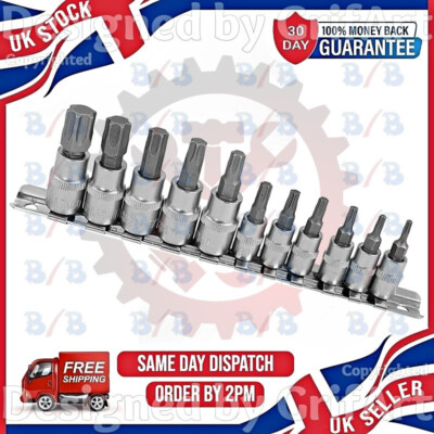 11-TEILIGES STECKER TORX STAR BIT STECKSCHLÜSSELSATZ T10 - T60 1/4 ZOLL & 3/8 ZOLL ANTRIEBSSCHIENENHALTER CRV