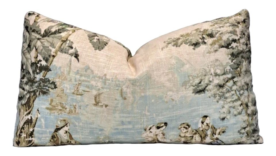 Funda Almohada Decorativa Bosporus Toile Lumbar 12"x20" Lino Azul Foto 3 de 4