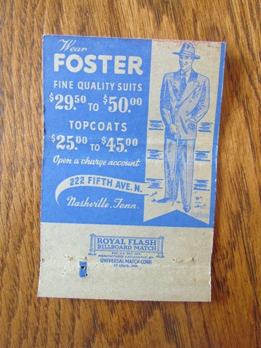 CLOTHING STORE MATCHBOOK COVER: FOSTER MEN'S WEAR (NASHVILLE, TENNESSEE) -G23 - Picture 2 of 2