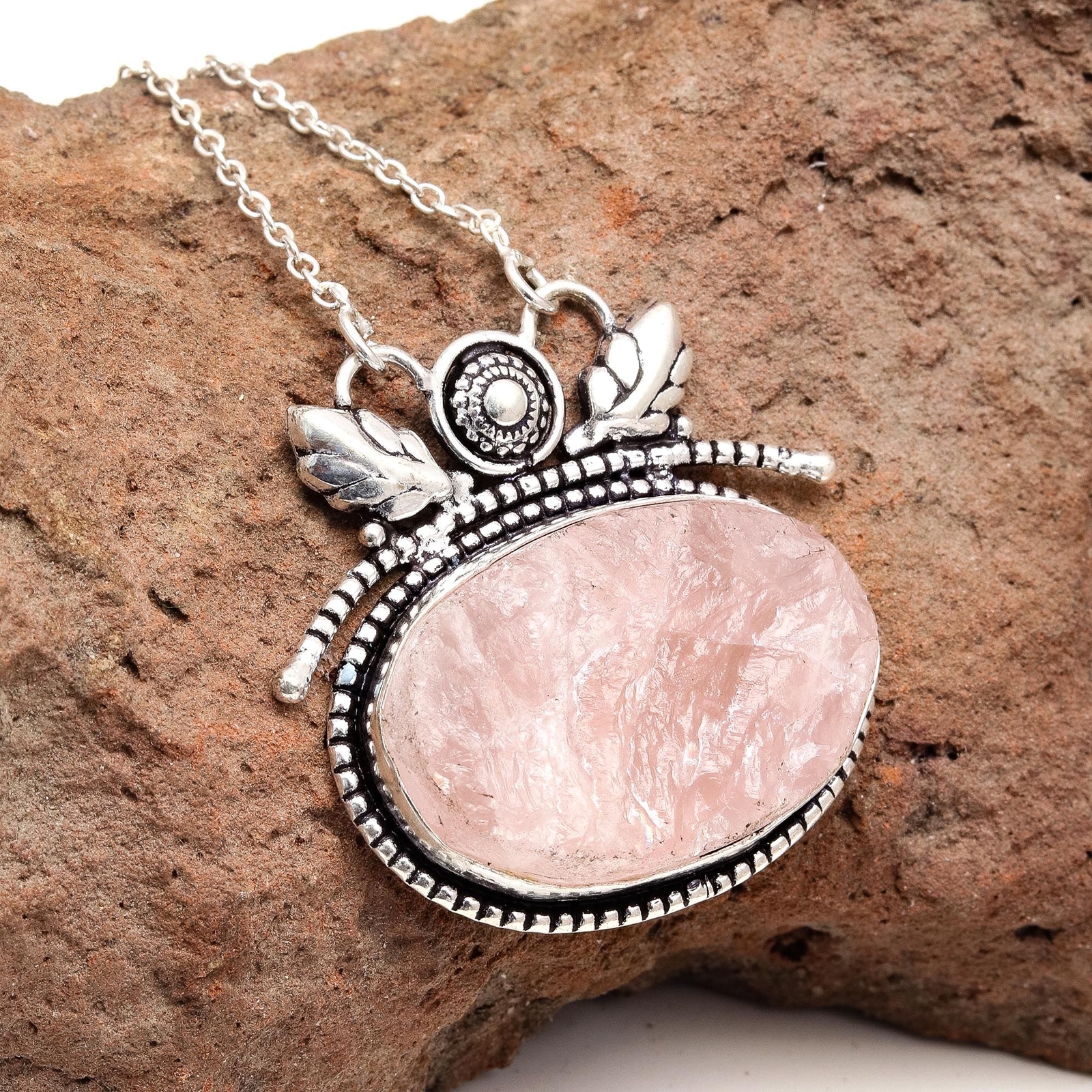 Rose Quartz Drusy Necklace for Mother's Day 20 Inch Gemstone Jewelry