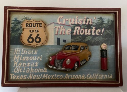Vintage 3D Bild Route 66 Holzrahmen Wandbild American car - Bild 1 von 4
