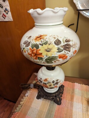 Vintage Hand Painted Milk Glass Hurricane Table Lamp