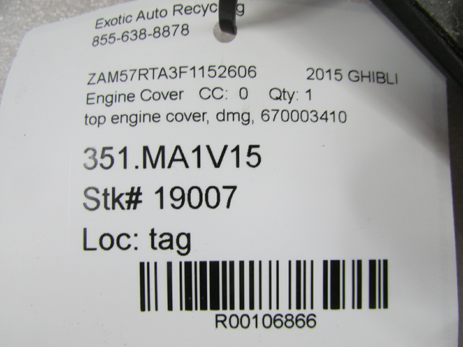 Maserati Ghibli, Top Engine Cover, Used, P/N 670003410