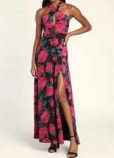 NWOT Lulus Fiercely Flowery Black Floral Print Ruched Halter Maxi Dress S