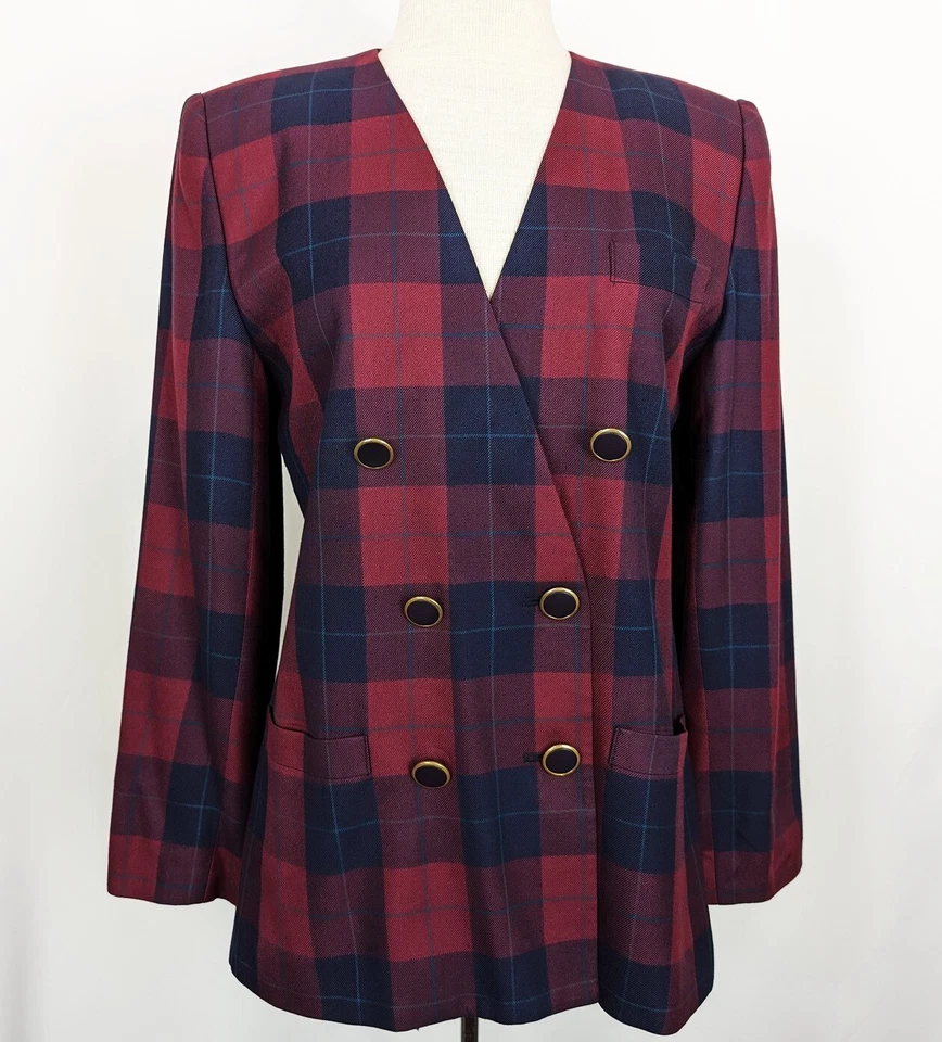 Vintage 90s Jacket Red Blue Plaid Double Breast Oversize Blazer Misses Size 8 - Image 3 of 4