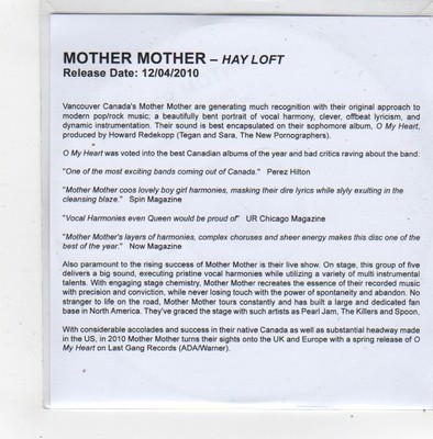 (FN389) Mother Mother, Hay Loft - 2010 DJ CD
