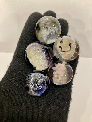 Glass Boro Skull Marble Lot Of 5 Hand Made Art Sculpture Silver Fume Color