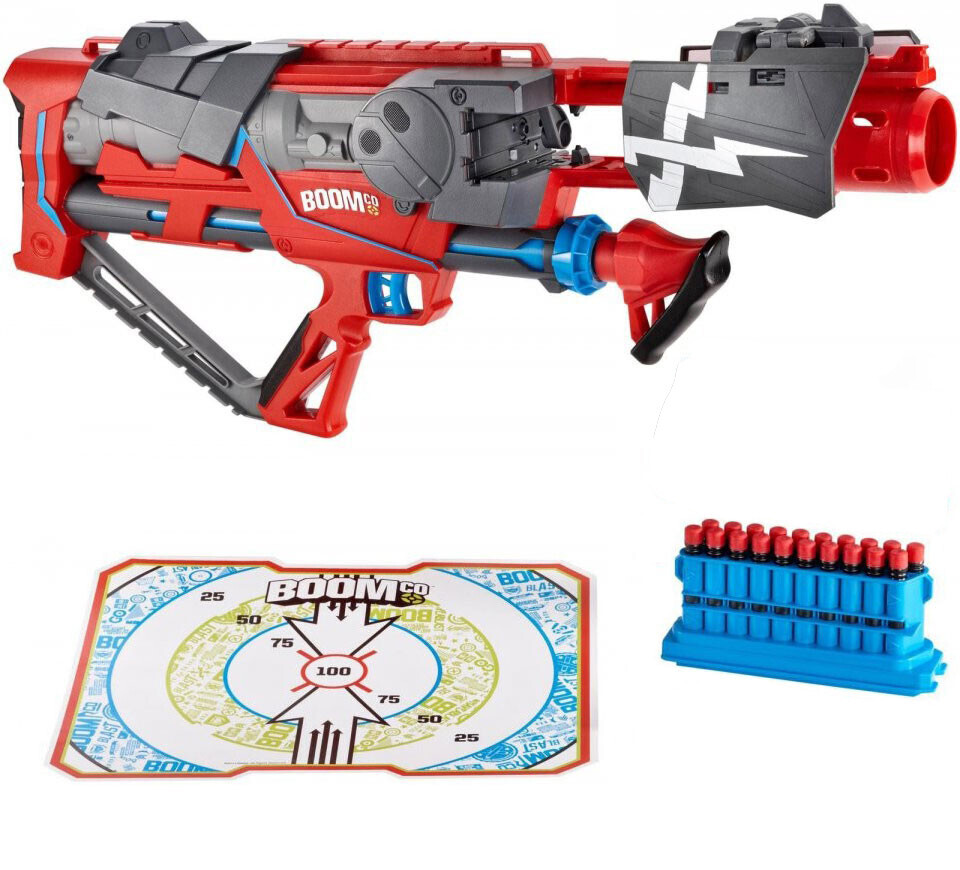 Fusil BOOMco Rapid Madness Blaster, pistolet à air comprimé rouge avec chargeur 20 fléchettes