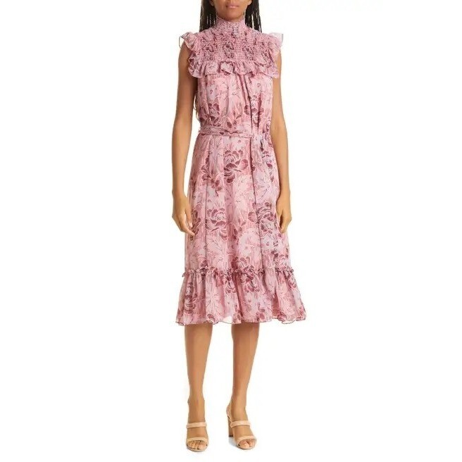 dusty pink floral print frill detail midi dress Sunlit Petal Midi Dress Natural/Dusty Rose / M
