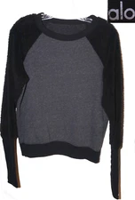 Alo Yoga Women's Deck Long Sleeve Top Black Fleece Grey Ribbed Sweater sz S Rare