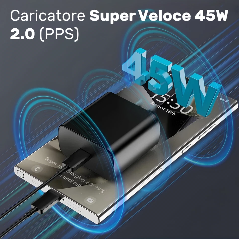 Caricatore Caricabatterie Rapido per Samsung + Cavo USB-C 1,5m 45W Ultra Veloce - Immagine 4 di 4