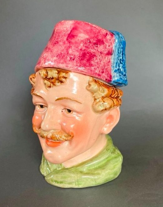 ca 1890 Austrian Majolica 6 3/4" Figural Humidor of a Man with a Fez - PERFECT