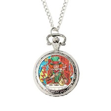 Pop Art Mad Hatter Pocket Watch Wonderland Tea Party Design Silver Quartz