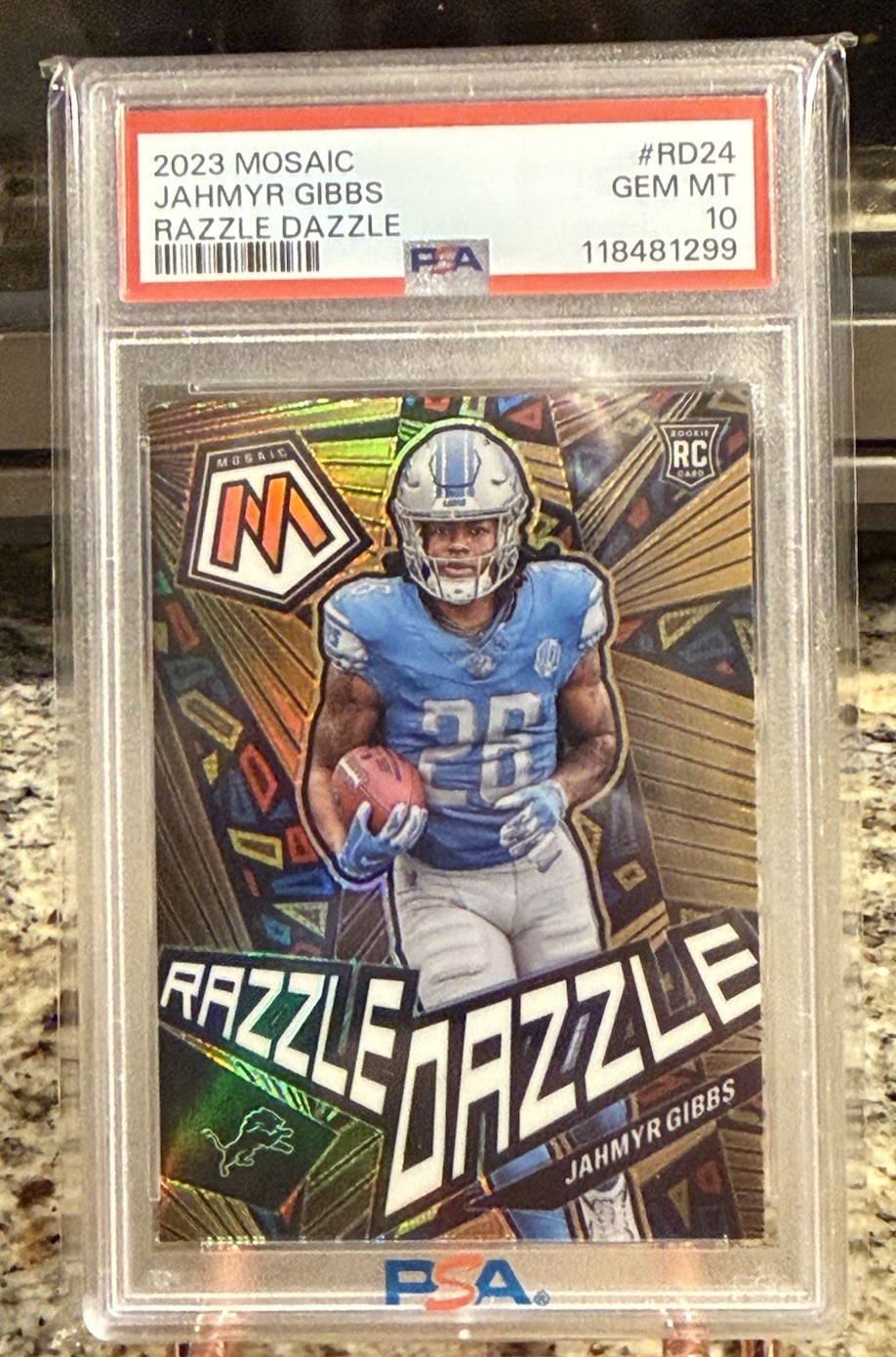 2023 Mosaic #rd-24 Jahmyr Gibbs RAZZLE DAZZLE SSP (RC)  PSA 10 🔥🔥🔥