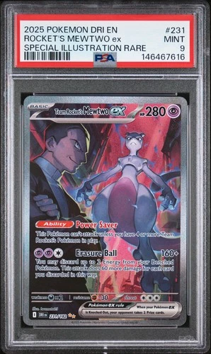 2025 POKEMON DESTINED RIVALS SPECIAL ILLUSTRATION TEAM ROCKET'S MEWTWO EX PSA 9
