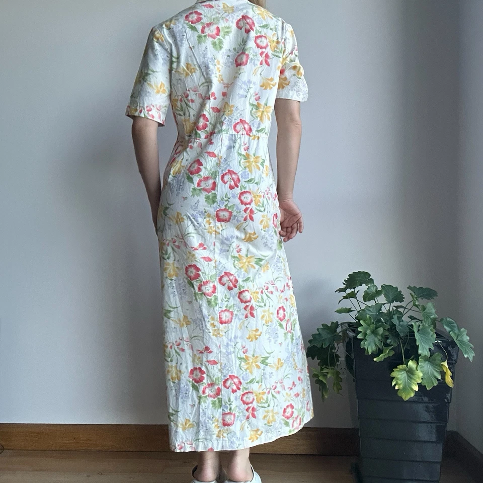 Annie Lantz Women’s Small 80s Vintage White Floral Button Down Cotton Maxi Dress - Imagem 3 de 4