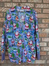 Peaches-Woman Scrub Jacket-Size XS-Blue/Purple-Santa/Reindeer/Star-Button Up